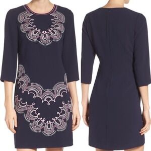 Eliza J Embroidered Crepe A-Line Dress‎ 3/4 Sleeve Navy Pink Women's Size 10
